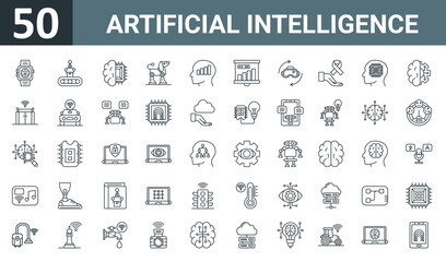 Fototapeta na wymiar set of 50 outline web artificial intelligence icons such as smart watch, robot, brain, robot dog, evolution, analysis, virtual reality vector thin icons for report, presentation, diagram, web