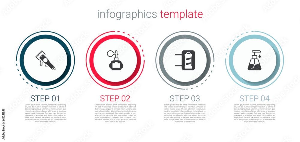 Sticker Set Electrical hair clipper, Aftershave, Barber shop pole and Cream cosmetic tube. Business infographic template. Vector