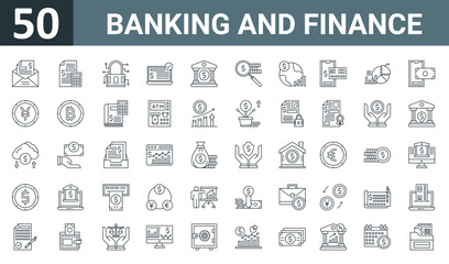 Fototapeta na wymiar set of 50 outline web banking and finance icons such as letter, accounting, security, online payment, bank, loupe, world financial vector thin icons for report, presentation, diagram, web design,