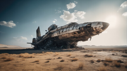 Abandoned Spaceship Graveyard in Desert Wasteland. Perfect for sci-fi book covers, creating a post-apocalyptic atmosphere..