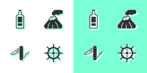 Set Ship steering wheel, Bottle of vodka, Swiss army knife and Volcano icon. Vector