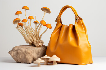Eco bio-gradable vegan bag made of mycelium leather, bio based sustainable alternative to leather made of mushroom spores and plant fibres Mushroom textile innovative materials leather. Generative AI