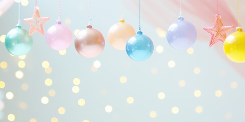 Christmas decorated balls hanging on a ribbon. Merry Christmas and Happy new year. Festive background with xmas decoration balls