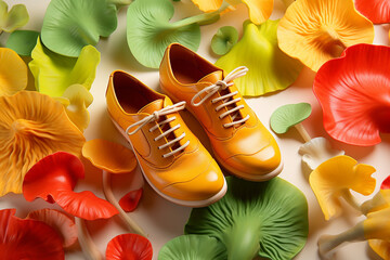 Vegan leather shoes from mushroom mycelium. samples of vegan bio leather, eco friendly concept, bio based sustainable alternative to leather made of mushroom spores and plant fibres. Generative AI.