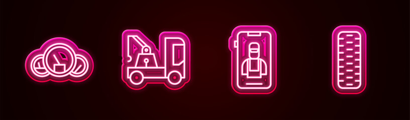 Set line Speedometer, Tow truck, Online car services and Car tire wheel. Glowing neon icon. Vector
