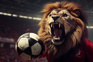 A dominant lion rules the football field. Generative AI - obrazy, fototapety, plakaty