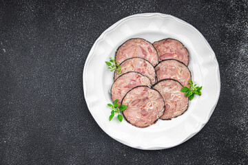 offal meat sausage pork Andouille pork stomach, pork neck, offal meal food snack on the table copy space food background rustic top view