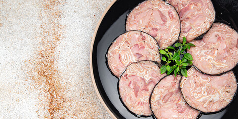 offal meat sausage pork Andouille pork stomach, pork neck, offal meal food snack on the table copy space food background rustic top view