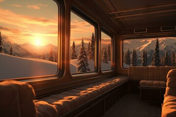 Warm, lit train cabin surrounded by snowy winter landscapes. Generative AI