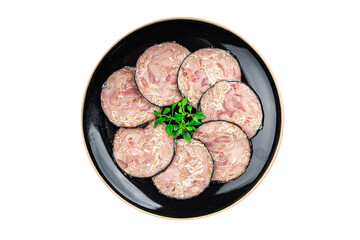 offal meat sausage pork Andouille pork stomach, pork neck, offal meal food snack on the table copy space food background rustic top view