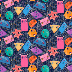 Cute vector seamless pattern with colorful geometric character figures with funny faces with emotions for geometry, math educational resources for kids in preschool and kindergarten - 644252712