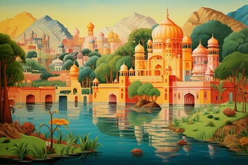 Colorful artwork featuring a traditional Indian scene depicting a palace, boat, hill, and Mughal gate. Generative AI