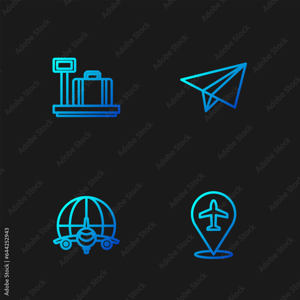 Wall mural set line plane, globe with flying plane, scale suitcase and paper airplane. gradient color icons. ve