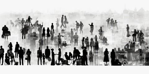 Obraz premium black and white pattern of people silhouettes on a background Generative AI
