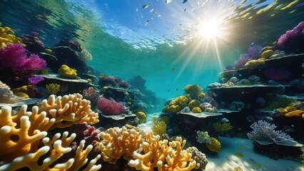 Fototapeta na wymiar Captivating Tropical Coral Reef Teeming with Exotic Fish. Perfect for travel magazines, inspiring readers to explore tropical destinations..