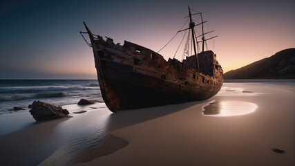 Fototapeta premium Forgotten Pirate Shipwreck Grounded on Shore. Perfect for historical presentations, conveying the allure of pirate lore and maritime history..