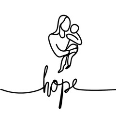 One Line continuous drawing of text "hope" and a Mother holding a baby, transparent background. Image created using artificial intelligence.