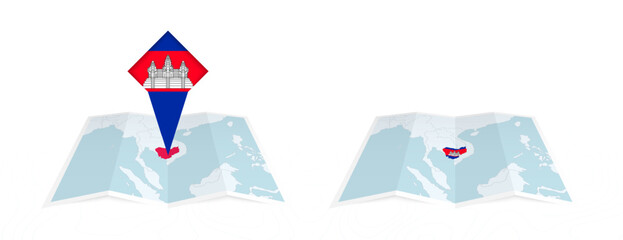 Two versions of an Cambodia folded map, one with a pinned country flag and one with a flag in the map contour. Template for both print and online design.
