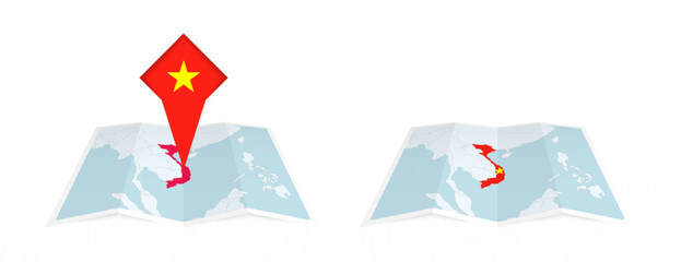 Two versions of an Vietnam folded map, one with a pinned country flag and one with a flag in the map contour. Template for both print and online design.
