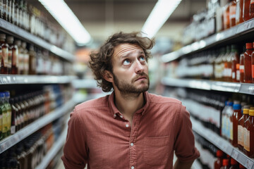 Stressed out man in a grocery store. 