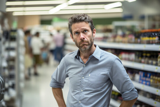 Stressed out man in a grocery store. 