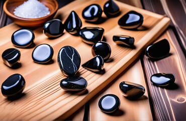 Obraz na płótnie Canvas Natural black stones on wooden surface. High quality photo.