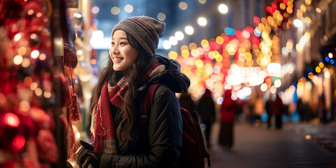Fototapeta premium Asian woman smiling looking at shop window Christmas light in city street