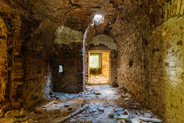 Vaulted red brick dungeon under old mansion. Former estate of the Golitsyns in Zubrilovka