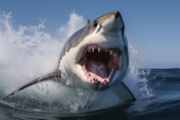 The shark, seen from the front, with its mouth open and sharp teeth visible, stirs the sea water,...