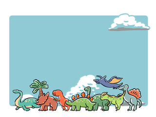 恐竜たちと青空と雲の手描き風フレームイラスト