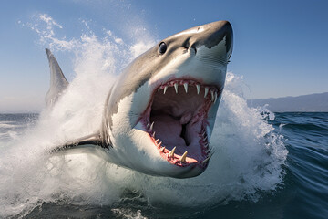 The shark, seen from the front, with its mouth open and sharp teeth visible, stirs the sea water,...