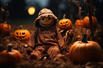 A garden scarecrow and pumpkins in the garden. Composition for Halloween.
