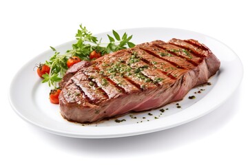 Pork steak on a white plate. Rosemary, sauce and spices.