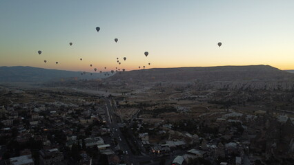 A drone shot of the Sunset Hot Air Balloon Launches in Cappadocia