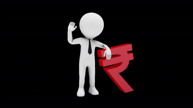 3D Man Waving Hand Leaned To Indian Rupee Sign with transparent (alpha) background