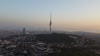 A drone shot of the Camlica Tower, Istanbul