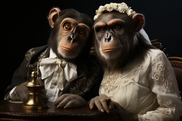 Monkey couple in a wedding dress on a black background. Studio shot. Wedding couple in love, bride and groom on their wedding day.