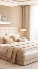 Room with bed, beige color palette, minimalist and modern, sunlight through the window