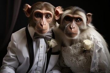Monkey couple in a wedding dress on a black background. Studio shot. Wedding couple in love, bride and groom on their wedding day.