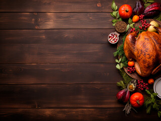 top view of a thanksgiving turkey on rustic wooden table with copy space - Powered by Adobe