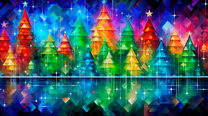 Background illustration of colorful Christmas trees along a river