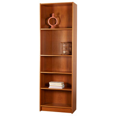 Narrow teak display shelf or bookcase. Mid-Century Modern furniture. No background png.