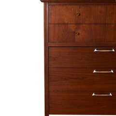 Mid-century modern tall boy dresser. Vintage walnut furniture. No background png.