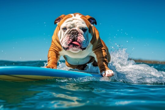 English bulldog on a surfboard in the water, sunny day