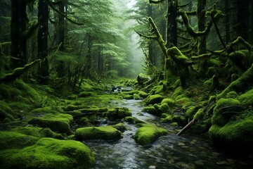 Rain-soaked moss amidst forest backdrop symbolizing a verdant world. Generative AI