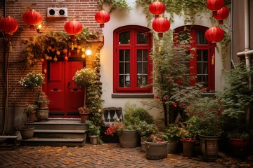 Fototapeta na wymiar Brick house with red shutters beautifully decorated with festive lanterns. Generative AI