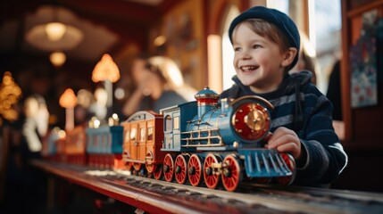 Little boy playing with a toy train