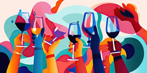 people are toasting around a colorful background with wine and beer Generative Ai - obrazy, fototapety, plakaty