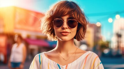 Attractive woman with short hair wearing sunglasses
