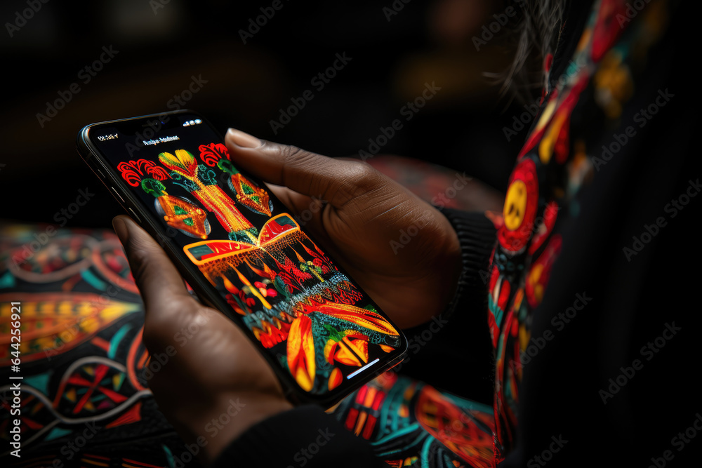 Aufkleber a close-up of a person's hand using a smartphone app to access indigenous language resources. genera